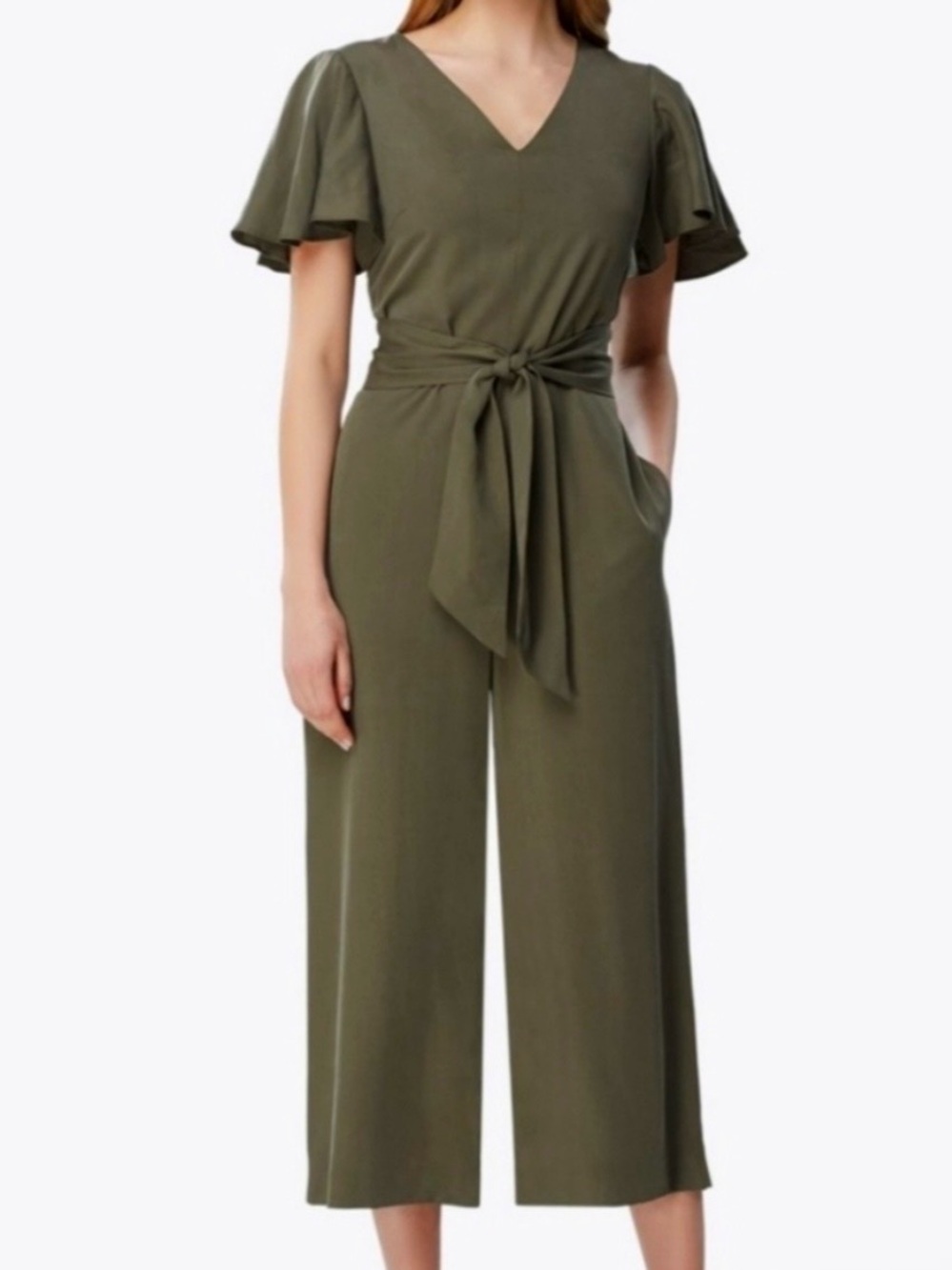 Tahari Olive V-Neck Tie-Waist Jumpsuit